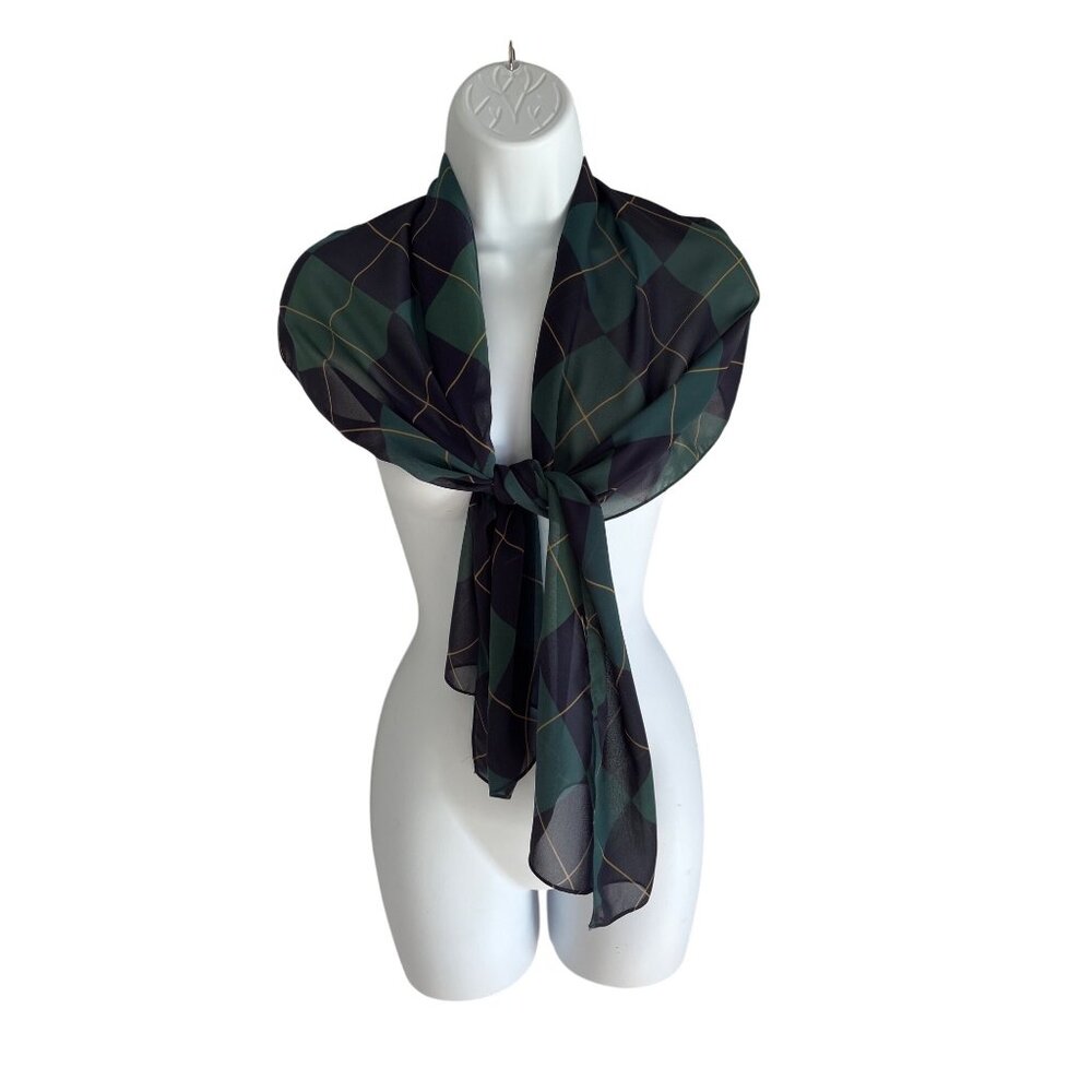 Vintage Navy & Green Plaid Sheer Scarf With Gold Lines - Chic Accessory 1e